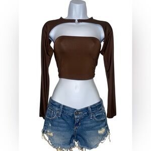 brown cropped long sleeve going out top with cut out